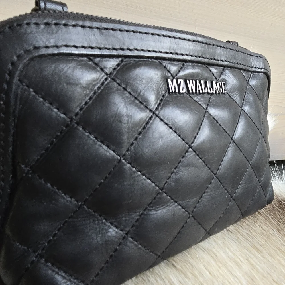 Rare!! MZ Wallace Black Leather Emily Crossbody with Blue Interior - Picture 4 of 12